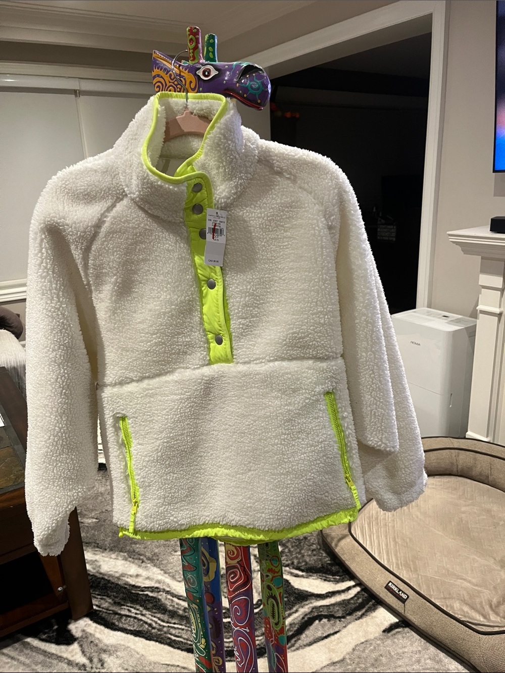 New American Eagle Outfitters Popover Fleece Sweater White/Neon Green Sz S - Picture 3 of 3